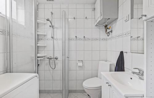 uma casa de banho com um chuveiro, um WC e um lavatório. em 3 Bedroom Pet Friendly Home In Sydals em Sønderby
