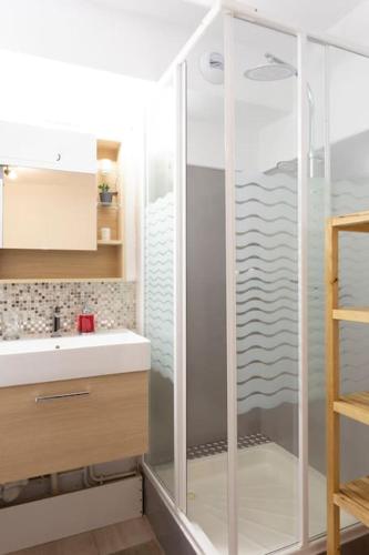 une salle de bain avec douche et lavabo dans l'établissement Chez Chantal - Charmant studio avec piscine proche des plages, à La Grande Motte