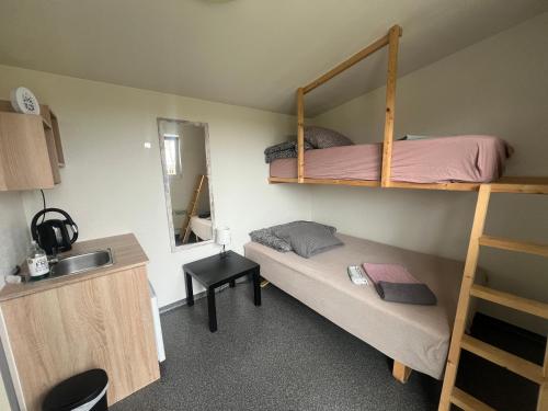 a small room with a bunk bed and a sink at Klokkehøj in Ullerslev