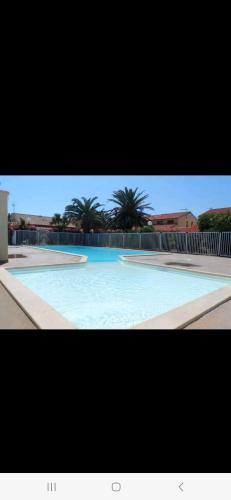 a large blue swimming pool with palm trees in the background at Villa 6p piscine spa privatif wifi proche des plages in Le Barcarès