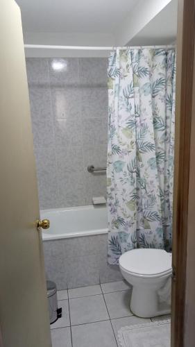 uma casa de banho com um WC e uma cortina de chuveiro em Depto Gesoli em Hualpen