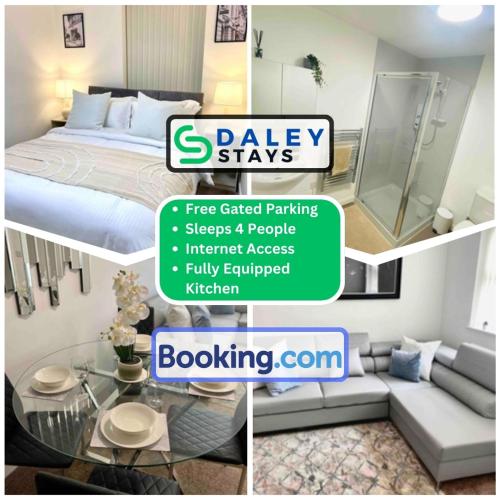a collage of three pictures of a hotel room at Failsworth Luxury Apartment with Free Parking by Daley Stays in Manchester