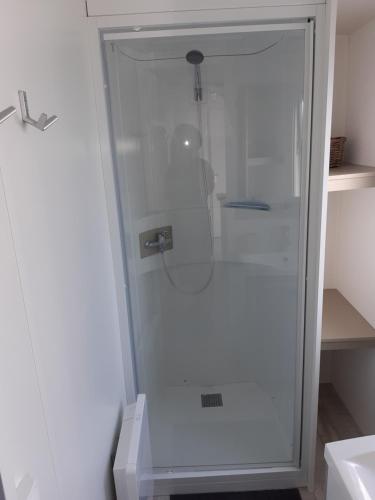 La salle de bains est pourvue d'une douche avec une porte en verre. dans l'établissement Campingplatz Johannisberg, à Fehmarn