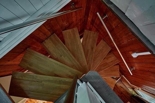 an overhead view of a wooden ceiling in a room at Olive Tree Forest Cabin Original in Kismaros