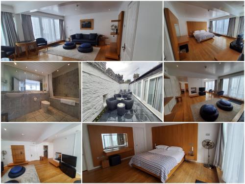 a collage of photos of a living room and a bedroom at Portmeirion Village & Castell Deudraeth in Porthmadog