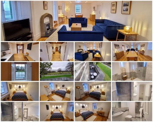 a collage of photos of a living room with blue furniture at Portmeirion Village & Castell Deudraeth in Porthmadog
