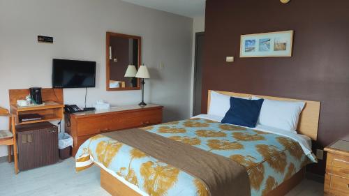 a hotel room with a bed and a flat screen tv at Motel Le Radisson de Val-David in Val-David