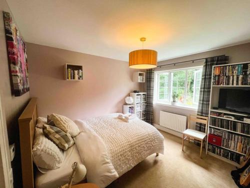 a bedroom with a bed and a tv and a window at Riverside one bedroom flat in Bridge of Allan