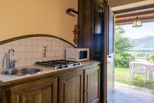 a kitchen with a sink and a microwave on a counter at Fonte Chiara in Gubbio