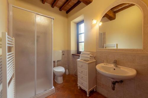 a bathroom with a shower and a sink and a toilet at Fonte Chiara in Gubbio