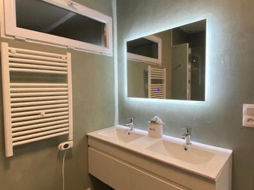 une salle de bain avec un lavabo et un miroir dans l'établissement Maison 3 étoiles avec jardin clos, à 800 m de la plage, proche port de Saint-Sauveur, Île-Grande - FR-1-542-22, à Kerjagu