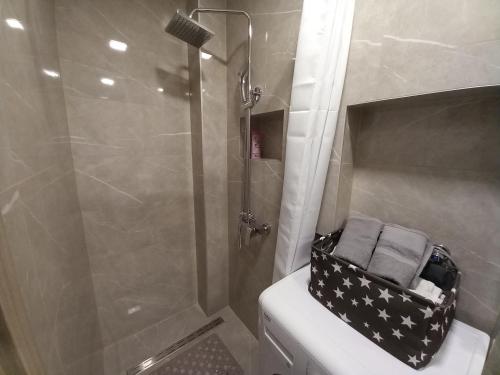 y baño con ducha y aseo con toallas. en Apartment Centar en Slavonski Brod