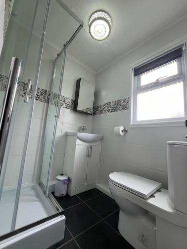 a bathroom with a shower and a toilet and a sink at 170, Two bed Chalet on Sunbeach Holiday Park - Sleeps 5, pet friendly, bed linen and towels included plus Wi-Fi included - only 300m from the beach! in Scratby