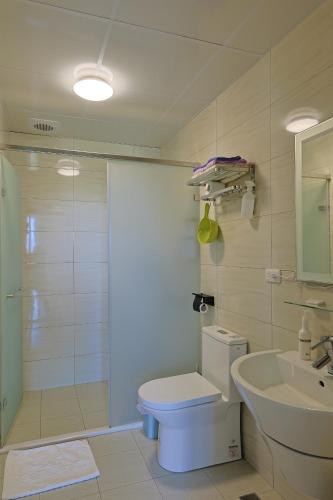 a bathroom with a toilet and a sink and a shower at Bubble Forest in Taitung City