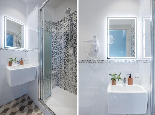 - deux photos d'une salle de bains avec douche et lavabo dans l'établissement Sunrise View Apartment, à Florence