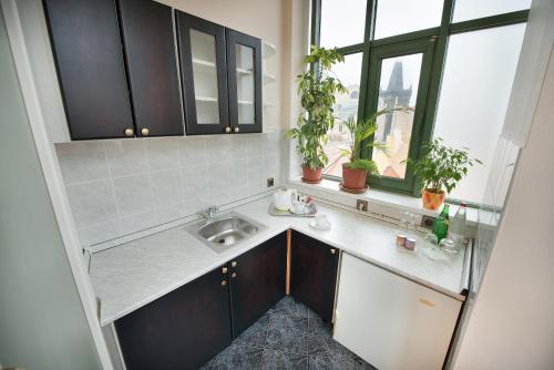 a small kitchen with a sink and a window at Hotel Esprit in Prague