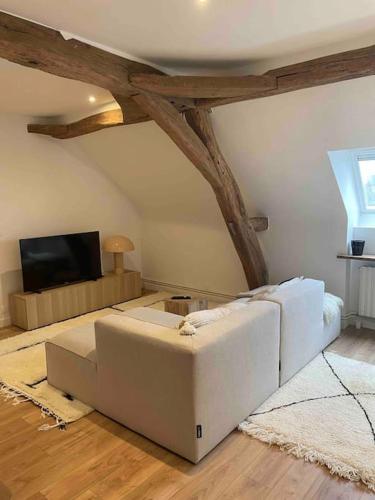 un salon avec un canapé blanc et une télévision dans l'établissement L'Hyper Centre Angers T2, à Angers