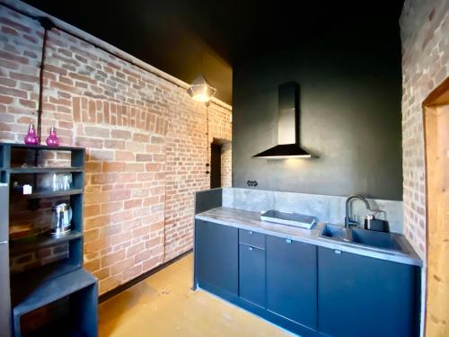 uma cozinha com armários azuis e uma parede de tijolos em Zielona Park Industrial Studio em Dabrowa Górnicza