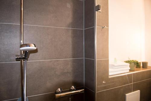 ein Bad mit einer Dusche mit grauen Fliesen in der Unterkunft Haus Mariengrund in Münster