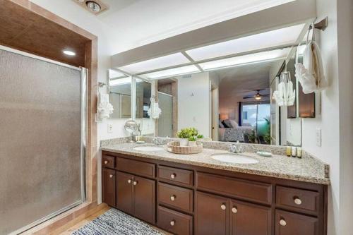 a bathroom with a sink and a large mirror at Beach Haven 2 in San Diego