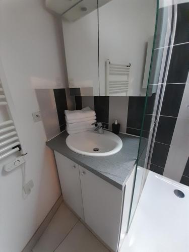梯也爾的住宿－Le Trois Mâts 5，一间带水槽和镜子的浴室