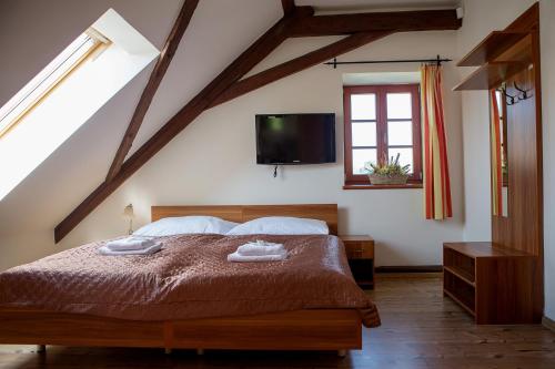ein Schlafzimmer mit einem Bett und einem TV an der Wand in der Unterkunft Minipivovar Kněžínek in Budweis
