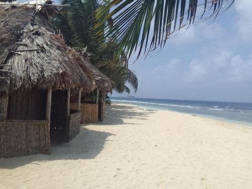 a beach with two huts and the ocean at Mares gunayarIslas in Nusatupo