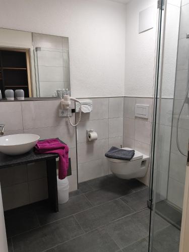 ein Bad mit einem WC, einem Waschbecken und einer Dusche in der Unterkunft Hotel Gästehaus Stock Zimmer Wasserfall in Friedrichshafen