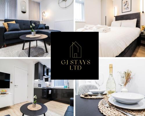 a collage of photos of a bedroom and a living room at London Luxury Apartments in High Wycombe in Buckinghamshire