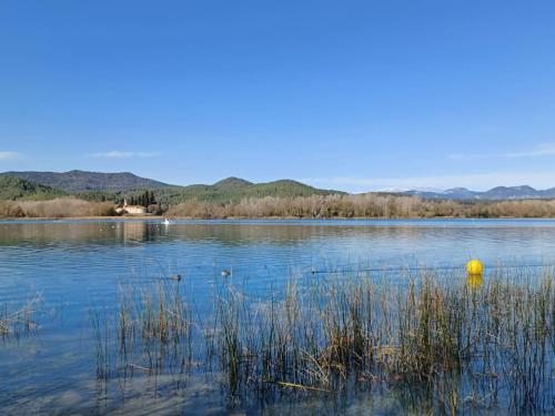 班約萊斯的住宿－Travertí de Banyoles，湖中有一个黄色的球