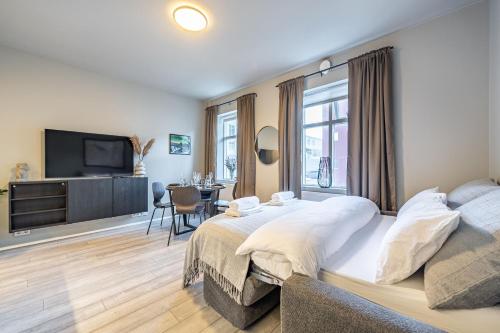 una camera da letto con un letto grande e una televisione di Astro Laugavegur a Reykjavik