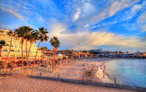 a view of a beach with palm trees and buildings at FIRST LINE Villa Floor Studio Apartment with amazing sea view Air Conditioned just 50m from the beach in Adeje