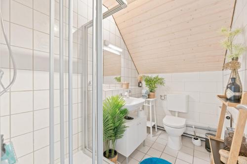 ein Badezimmer mit Toilette und Waschbecken in der Unterkunft Perouser Wohlfühloase in Rutesheim
