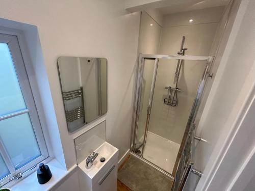 uma casa de banho com um chuveiro e um lavatório. em NEW King Bed Romantic Cabin - Must See Landscapes em Salisbury