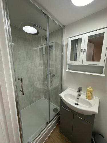 a bathroom with a shower and a sink at The Highmead in Blackwood
