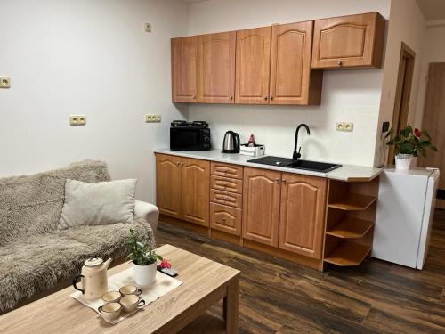 a kitchen with wooden cabinets and a couch and a table at Apartmán KUGA in Mikulov