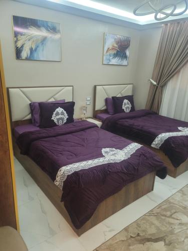 two beds in a bedroom with purple comforters at Arizona luxury in Cairo