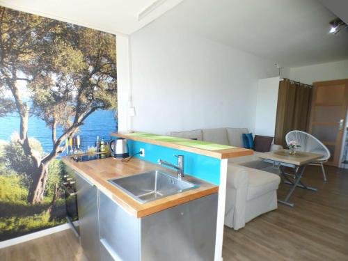 - une cuisine avec évier et vue sur l'océan dans l'établissement Vue mer, climatisation, Wifi, plage en face, à La Seyne-sur-Mer