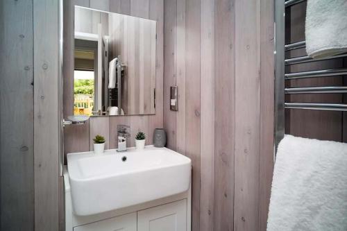 a bathroom with a white sink and a mirror at Medmerry Park in Chichester