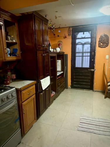 墨西哥城的住宿－Lucia，厨房配有木制橱柜和炉灶。