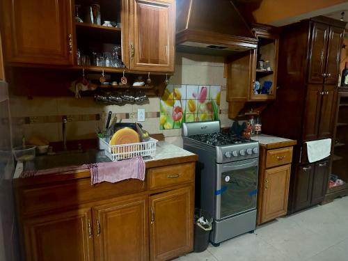 uma cozinha com armários de madeira e um forno com placa de fogão em Lucia em Cidade do México