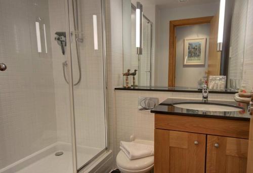 a bathroom with a shower and a toilet and a sink at No1 The Links Apartment, Brora in Brora