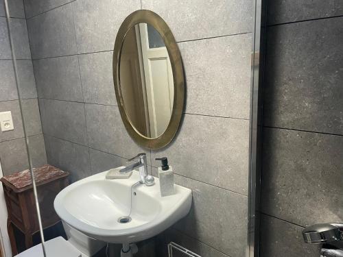 La salle de bains est pourvue d'un lavabo et d'un miroir. dans l'établissement Le Jolis Bois, à Raon-lʼÉtape