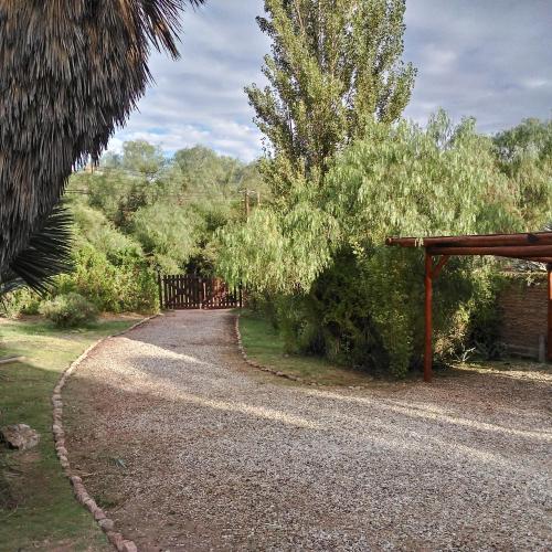 a gravel driveway with a gate and a tree at Palmares al cerro in Capilla del Monte
