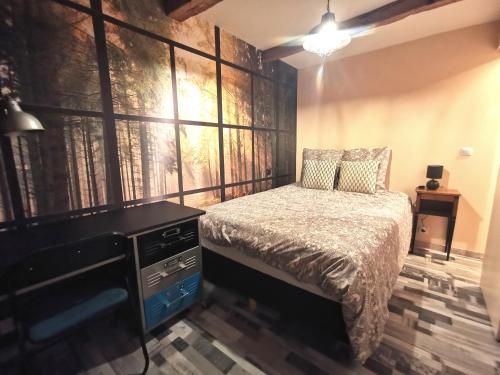 ein Schlafzimmer mit einem Bett mit einer Kommode und einem Fenster in der Unterkunft Le Vieux Tacot, stationnement gratuit in Le Puy en Velay