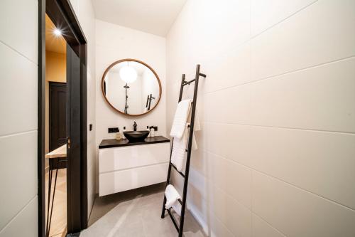 een badkamer met een wastafel en een spiegel bij Breda City Apartments in Breda