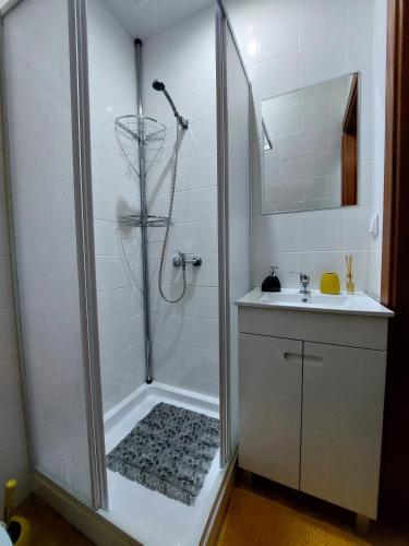 y baño con ducha y lavamanos. en Casa Vale do Rio en Penacova