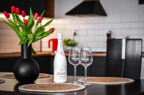 a bottle of champagne and two wine glasses on a table at Central Apartments in Martin