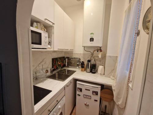 une cuisine blanche avec un évier et un micro-ondes dans l'établissement Appartement 2 pièces à Auteuil, à Paris