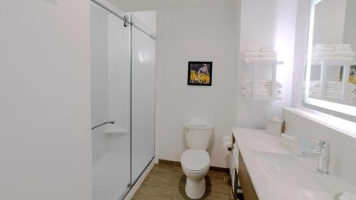 La salle de bains blanche est pourvue de toilettes et d'une douche en verre. dans l'établissement Hampton Inn Riverside Downtown, à Riverside